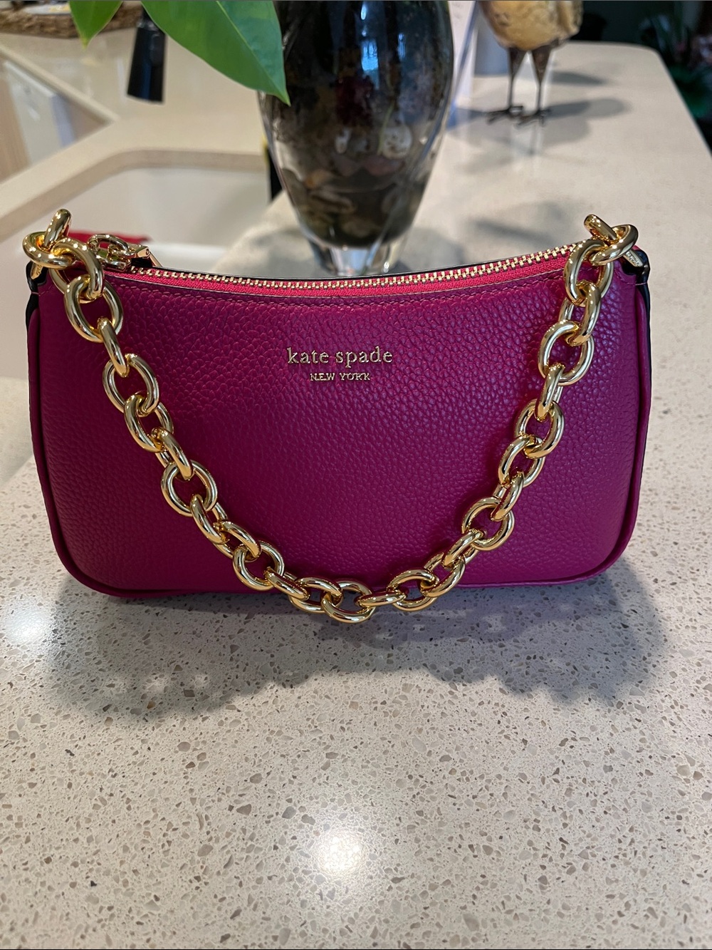 kate spade Fuchsia Pebbled Leather mini Shoulder Bag with Gold Chain